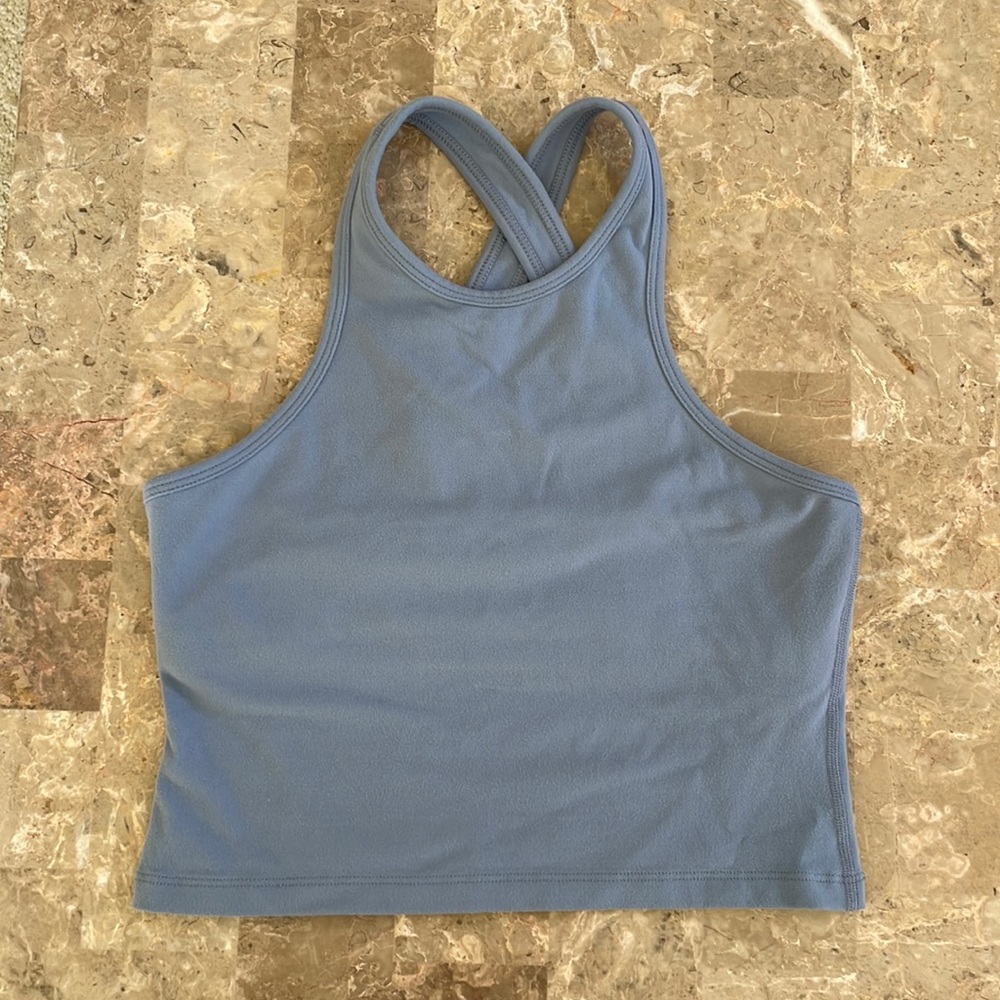 Beyond Yoga Spacedye Halter Cropped Tank Light Blue, Criss Cross Back, Medium